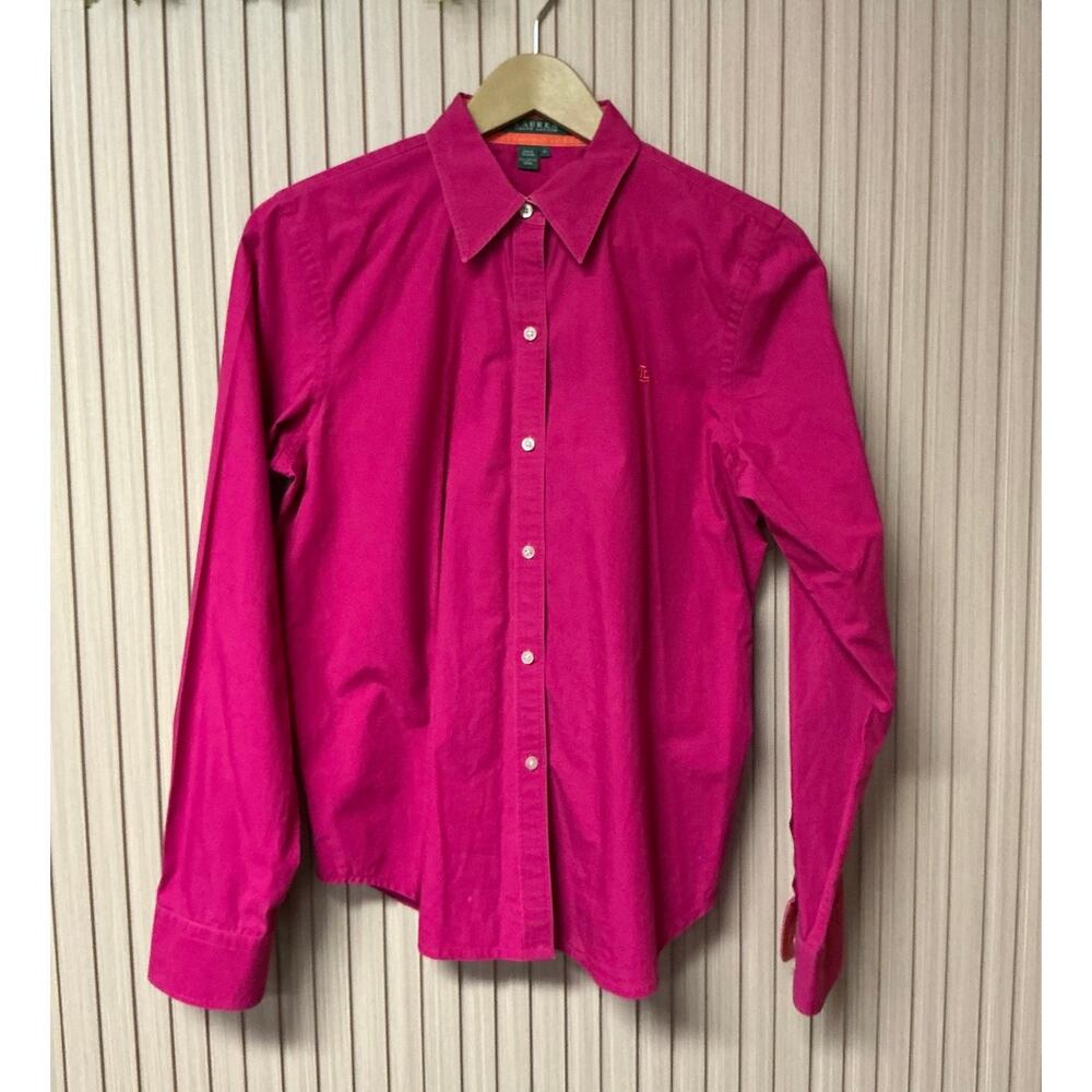 Lauren Ralph Lauren Button Front Shirt Medium Pink 100% Cotton Collared Top